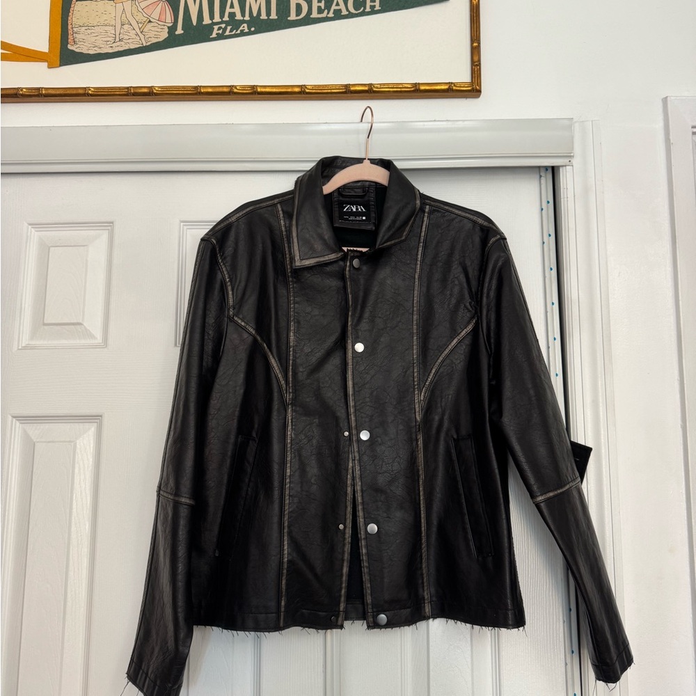 Zara men’s Black Leather Jacket with Stitch Detail